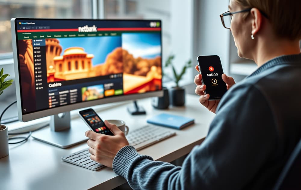 Norsk spiller som gjør en bankoverføring til et casino, med nettbank og mobil.