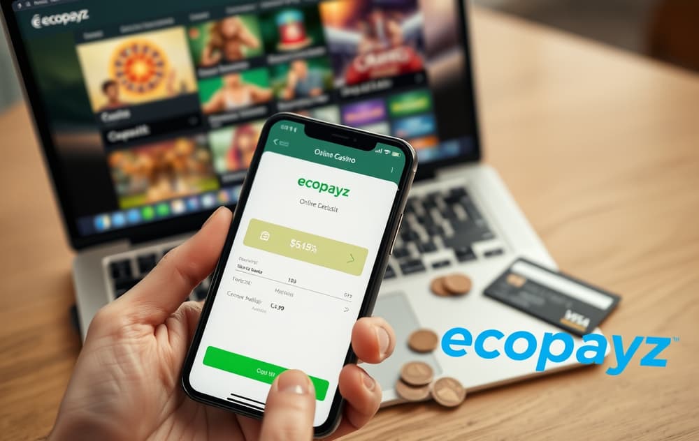 Person som bruker Ecopayz-appen på mobil for å sette inn penger på et nettcasino