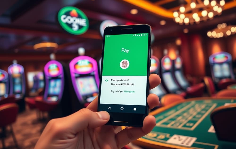 En hånd som holder en Android-telefon med Google Pay-appen åpen, med et uklart casino-bakgrunn.