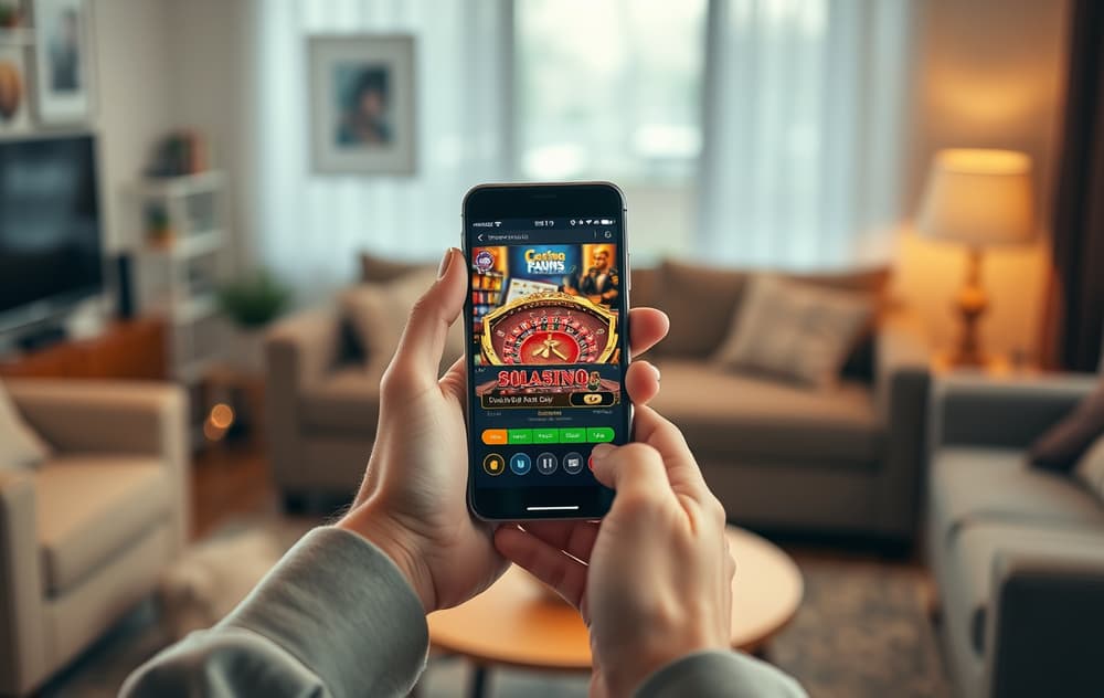 Person som spiller på casino via mobiltelefon i stua
