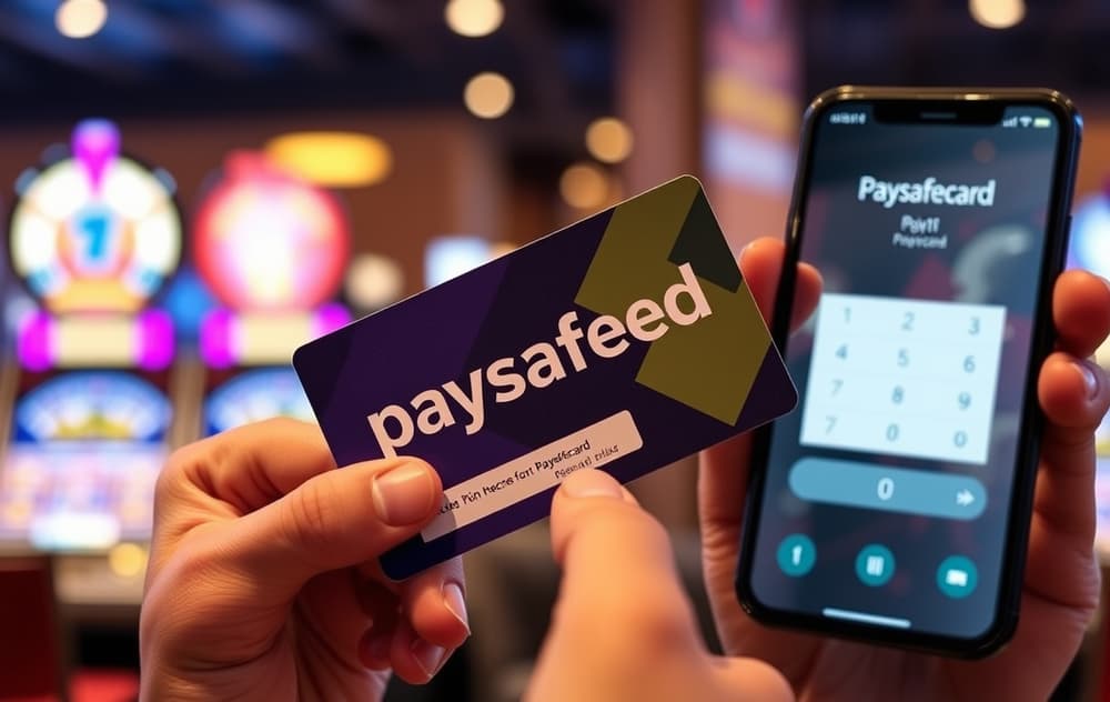 Person som holder en Paysafecard-kupong foran en smarttelefon med casino-skjerm