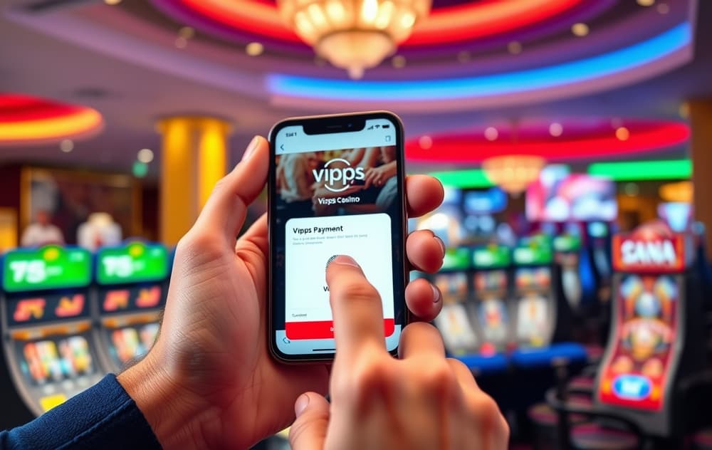 Person som bruker Vipps-appen til casinoinnskudd, med fingeravtrykkbekreftelse på skjermen.