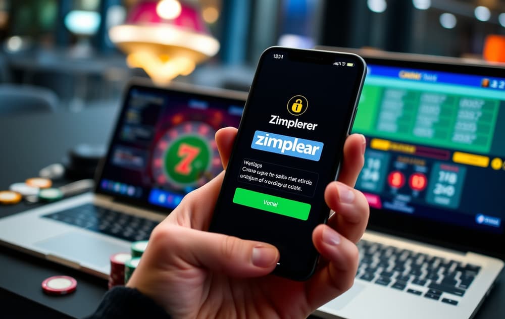 Person som betaler med Zimpler på mobilen ved et online casino.
