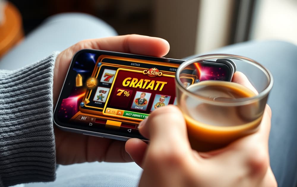 Mobiltelefon med casinospill og gratisbonus-pop-up, forstørrelsesglass og kaffekopp på trebord.