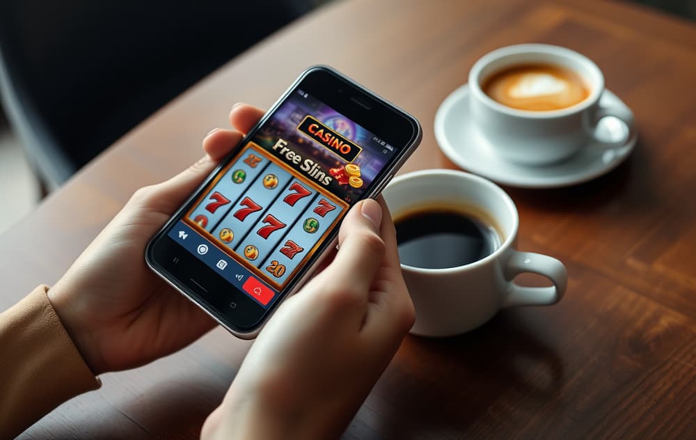 En person holder en smarttelefon med et spilleautomatspill som viser gratisspinn, med en kaffekopp på et trebord, dagslys.
