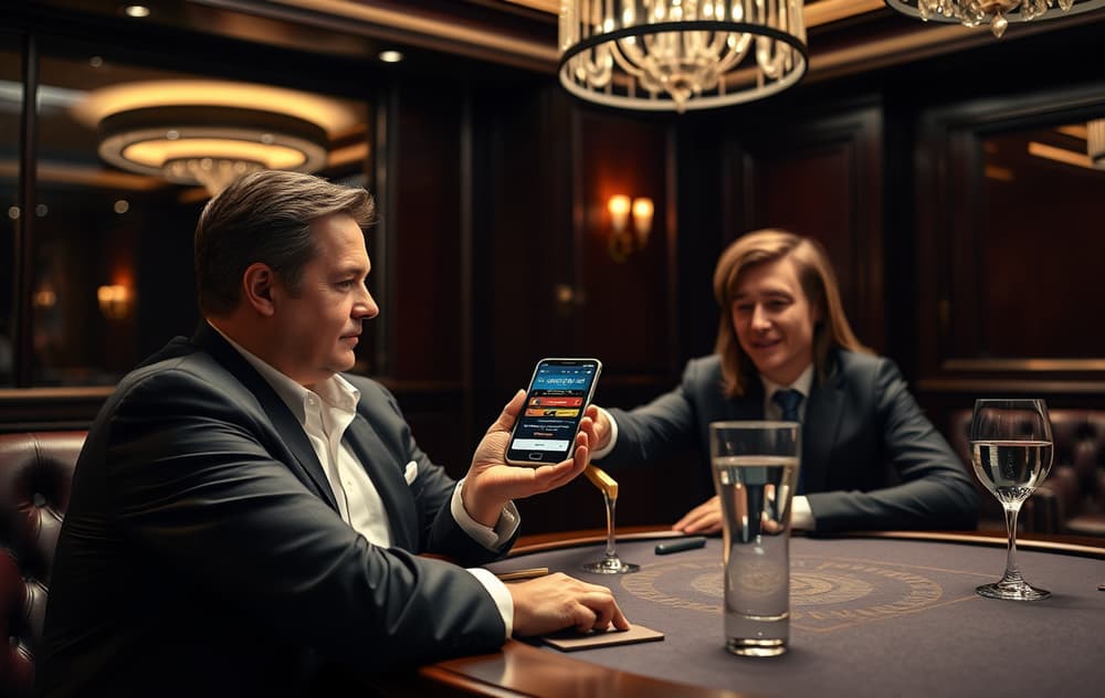 VIP-spiller ved privat casino-bord med personlig manager og bonus på mobilskjerm