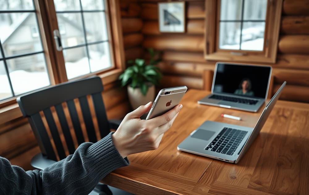 Person som sjekker et nettcasino på mobilen i en norsk stue.