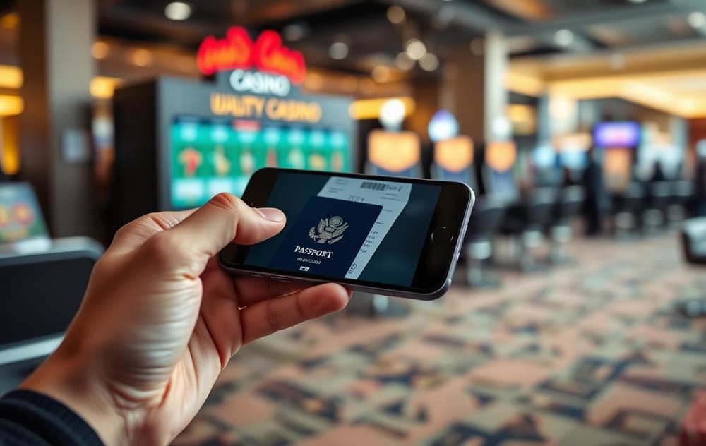 En person som tar bilde av pass og strømregning med mobiltelefonen for casino-verifisering