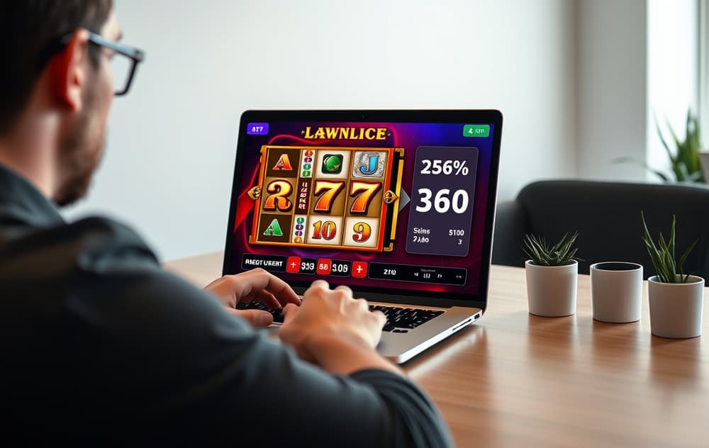 Person som spiller spilleautomat på laptop med RTP-diagram i bakgrunnen
