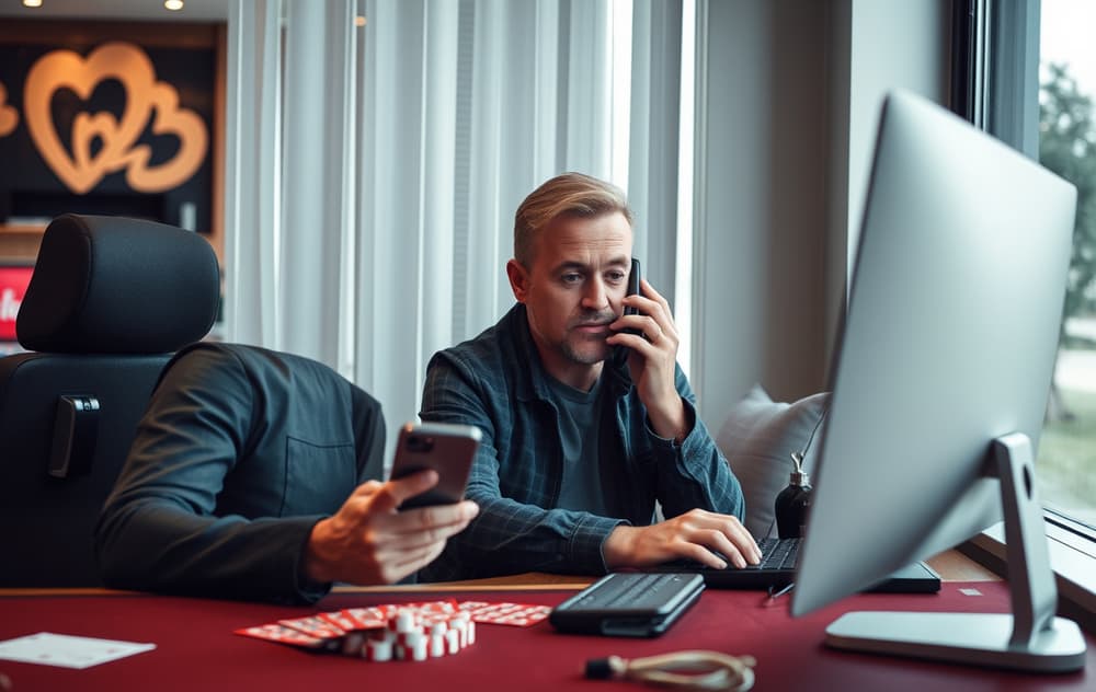 Spiller som ringer kundeservice for å klage på et nettcasino, med rettighetsliste på bordet.