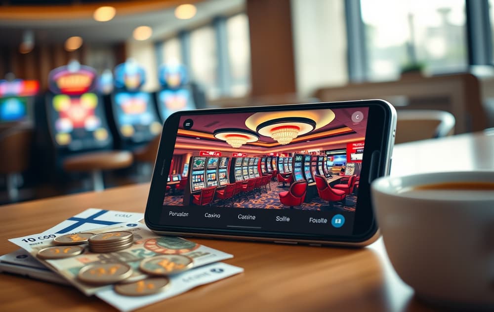 Mobiltelefon med casino-spill på skjermen og norske sedler ved siden av.
