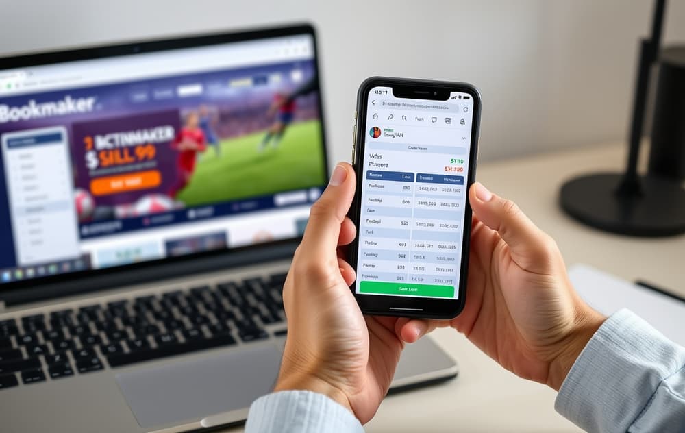 Person med mobil som viser odds sammenligning, laptop med bookmaker nettside i bakgrunnen
