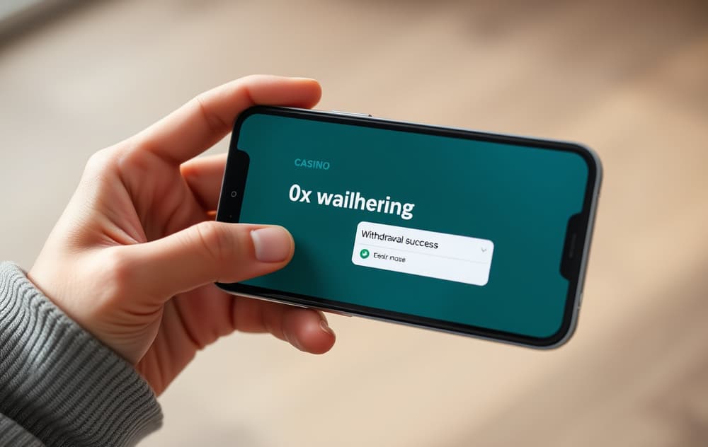 Mobilskjerm som viser en vellykket uttak fra et casino uten omsetningskrav, med '0x' og 'Utak klart' på skjermen.