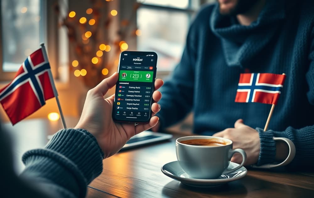 Norsk fotballfan med mobilskjerm med bettingodds, kopp og norsk flagg på bordet