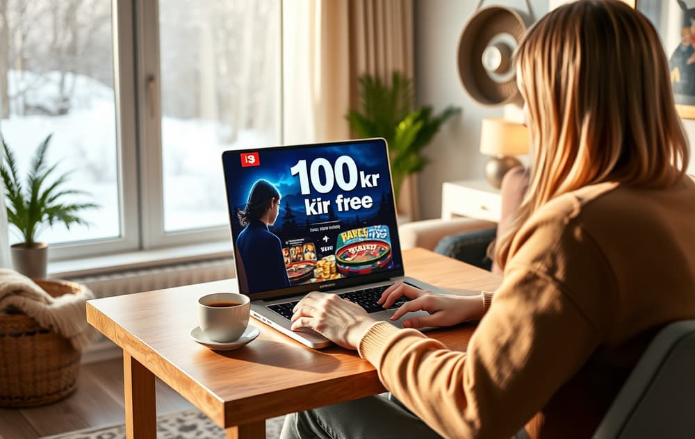 Norsk spiller som tester gratis casino-bonus på laptop