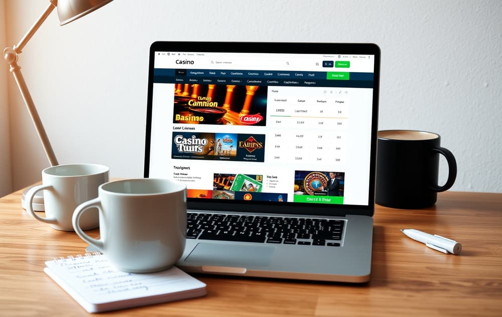 Sammenligning av highroller casinoer på laptop med notater om lisens og bonus