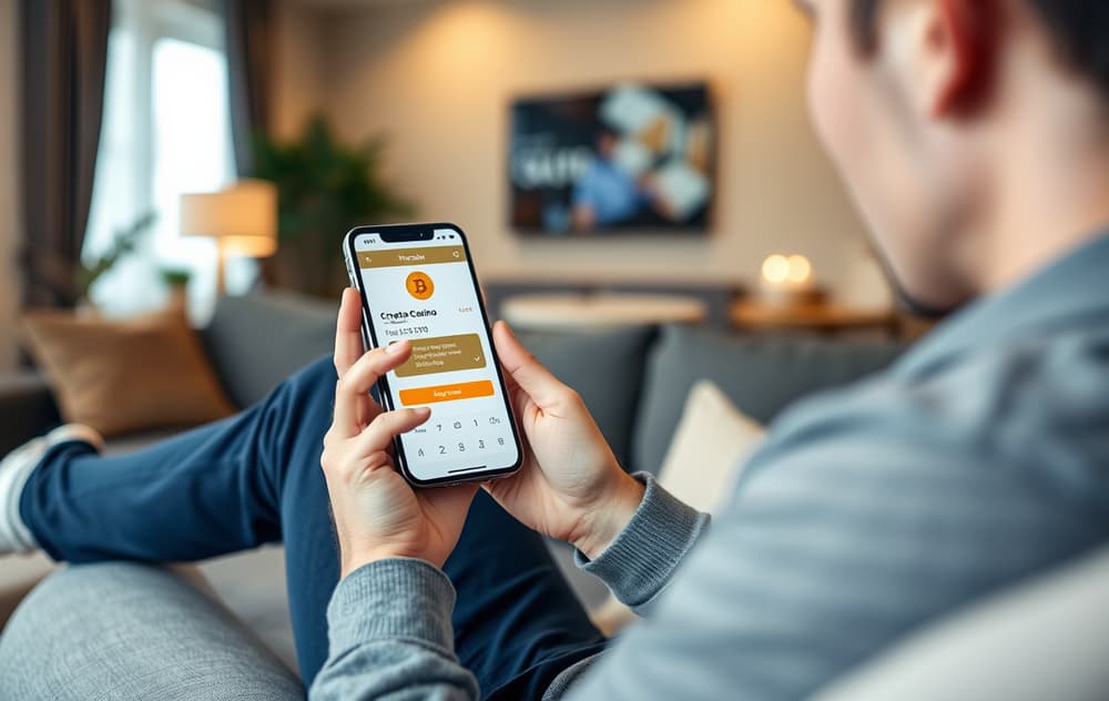 Person som tester et kryptocasino på mobil i stuen