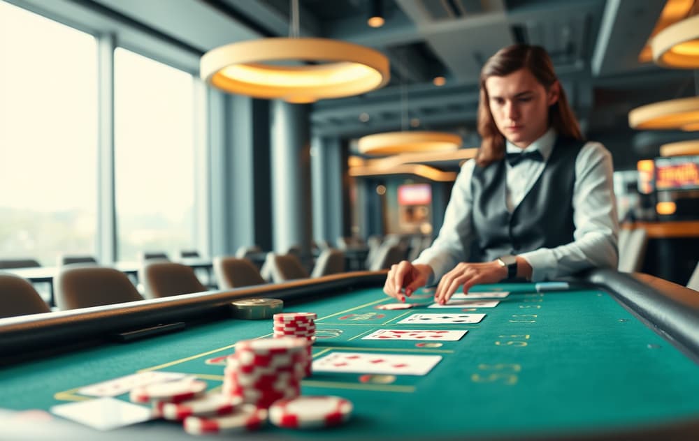 Bordspill på casino med blackjack-kort og sjetonger, dealer i bakgrunnen.