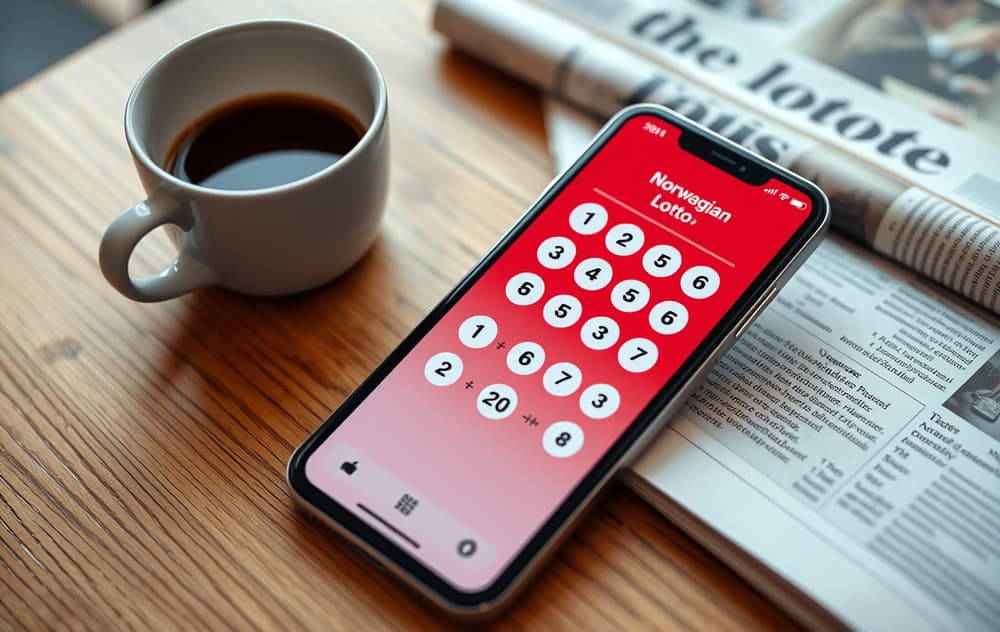 Mobiltelefon med lotto-appen åpen på et bord ved siden av kaffekopp og avis.