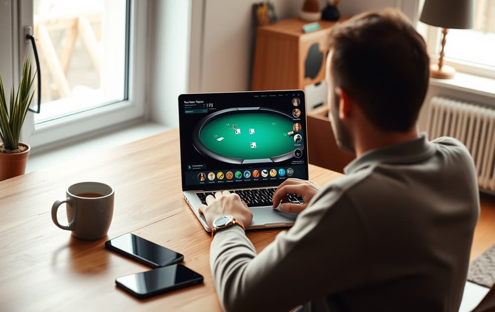 Person som spiller poker på nett ved en laptop med kaffekopp og mobil